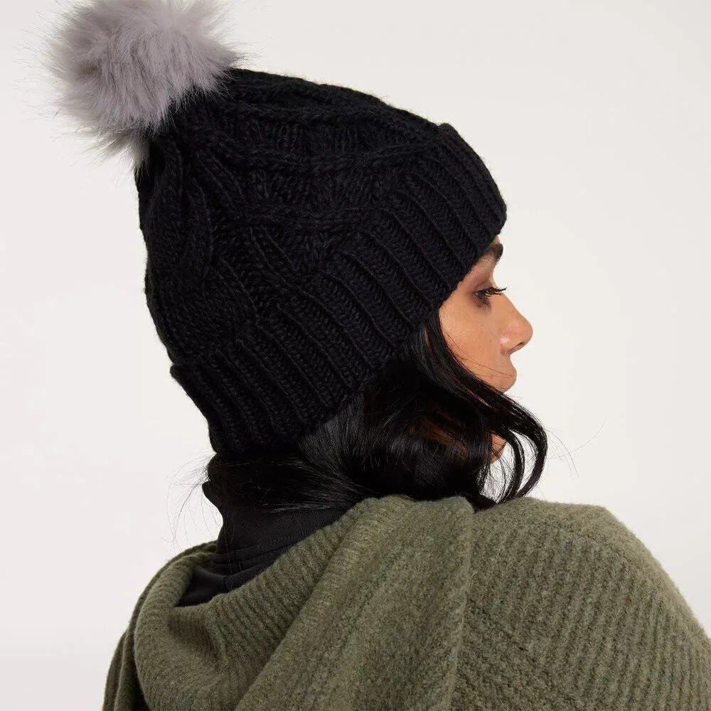 NWT CALIA Cable Knit Black Pom Winter Beanie